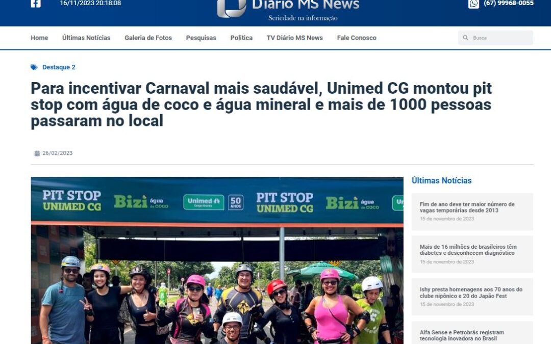 Para incentivar Carnaval mais saudável, Unimed CG montou pit stop com água de coco e água mineral e mais de 1000 pessoas passaram no local